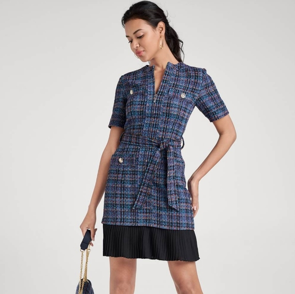 Belted Tweed fabric with sheer pleated bottom dress - Picture 11 of 11